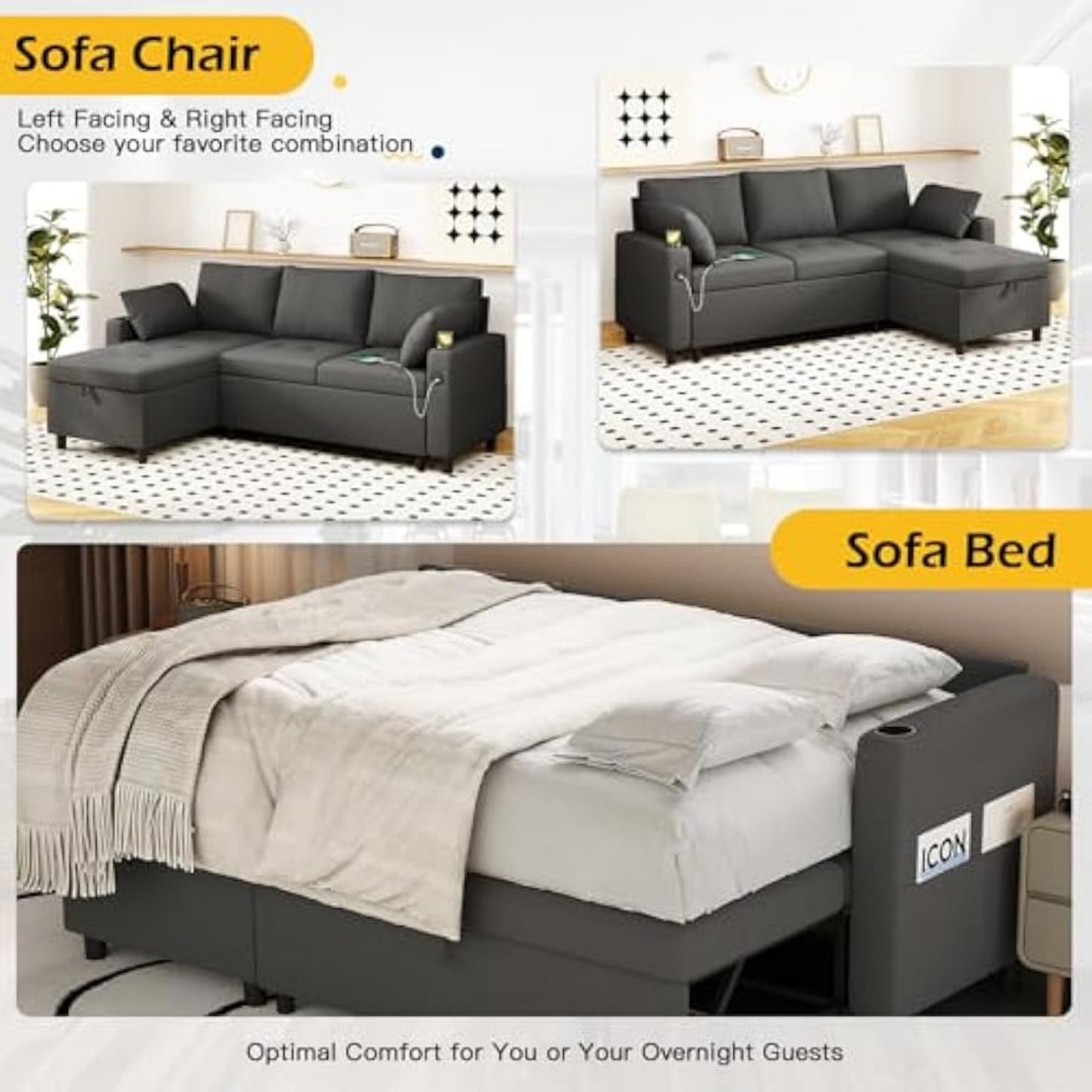 YODOLLA Teddy Velvet L-Shaped Sleeper Sofa, Pullout Bed, USB & Storage, Black