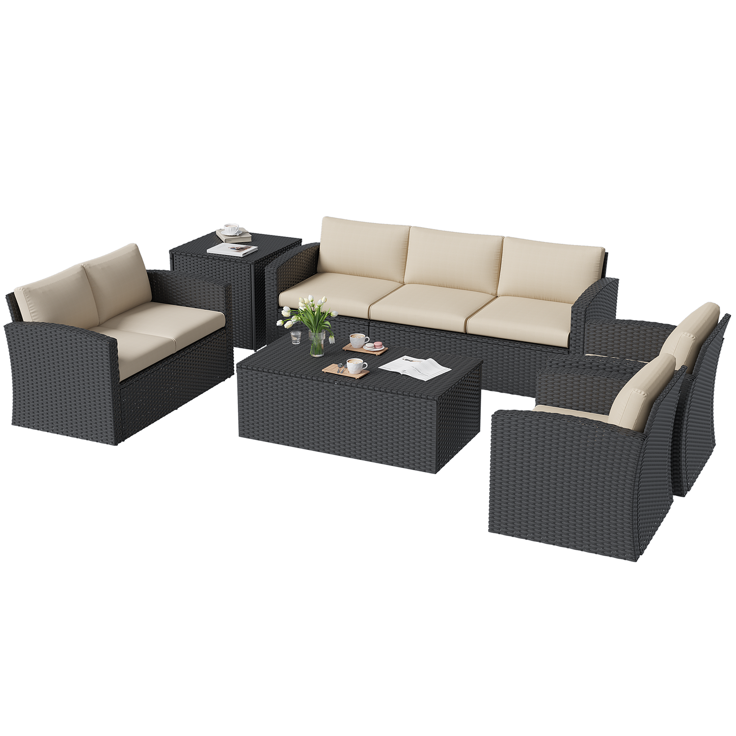 YODOLLA 7 PCS Outdoor Patio Furniture Sets with 2 Storage Boxes, Black & Beige