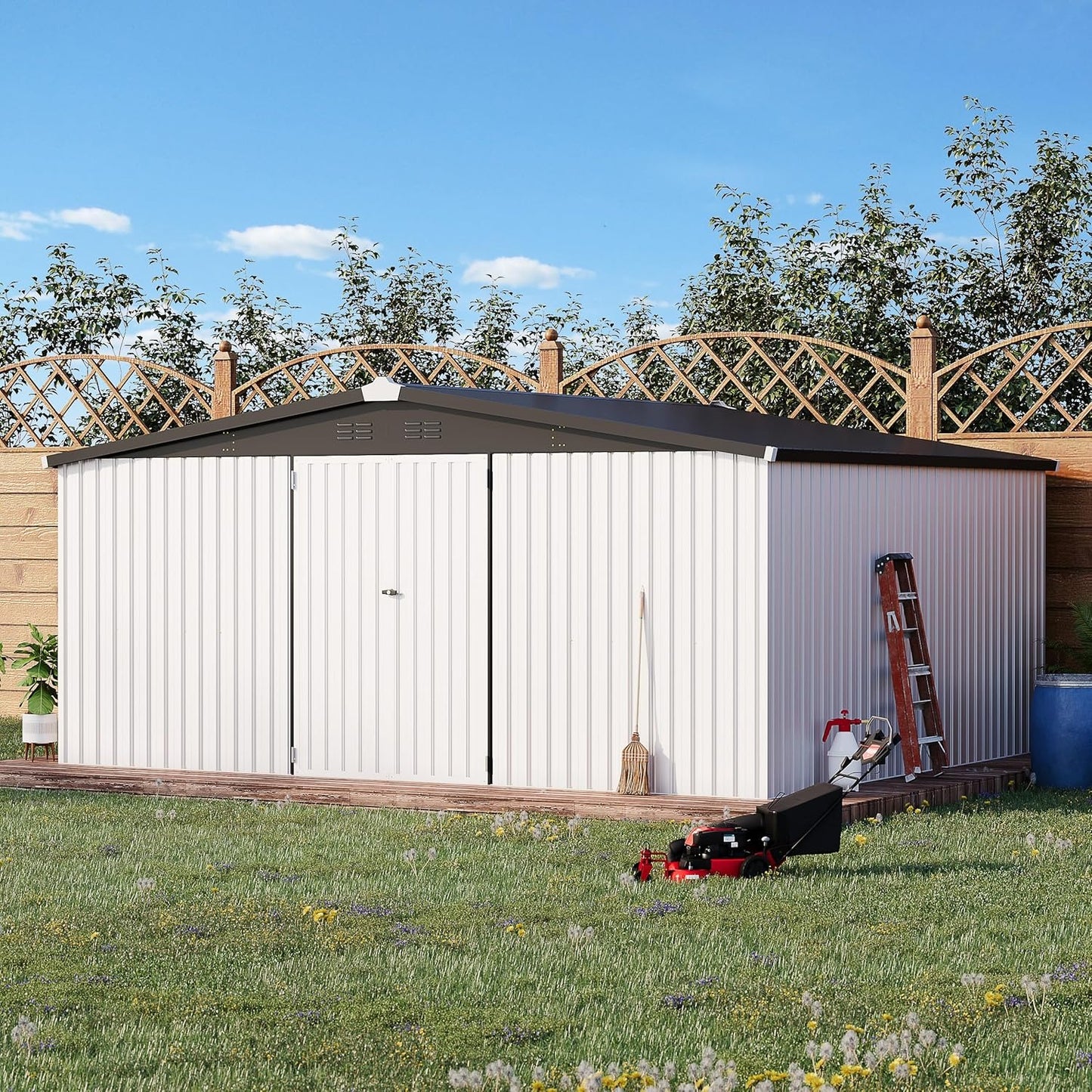 YODOLLA 14x12 Metal Storage Shed Outdoor Shed, White