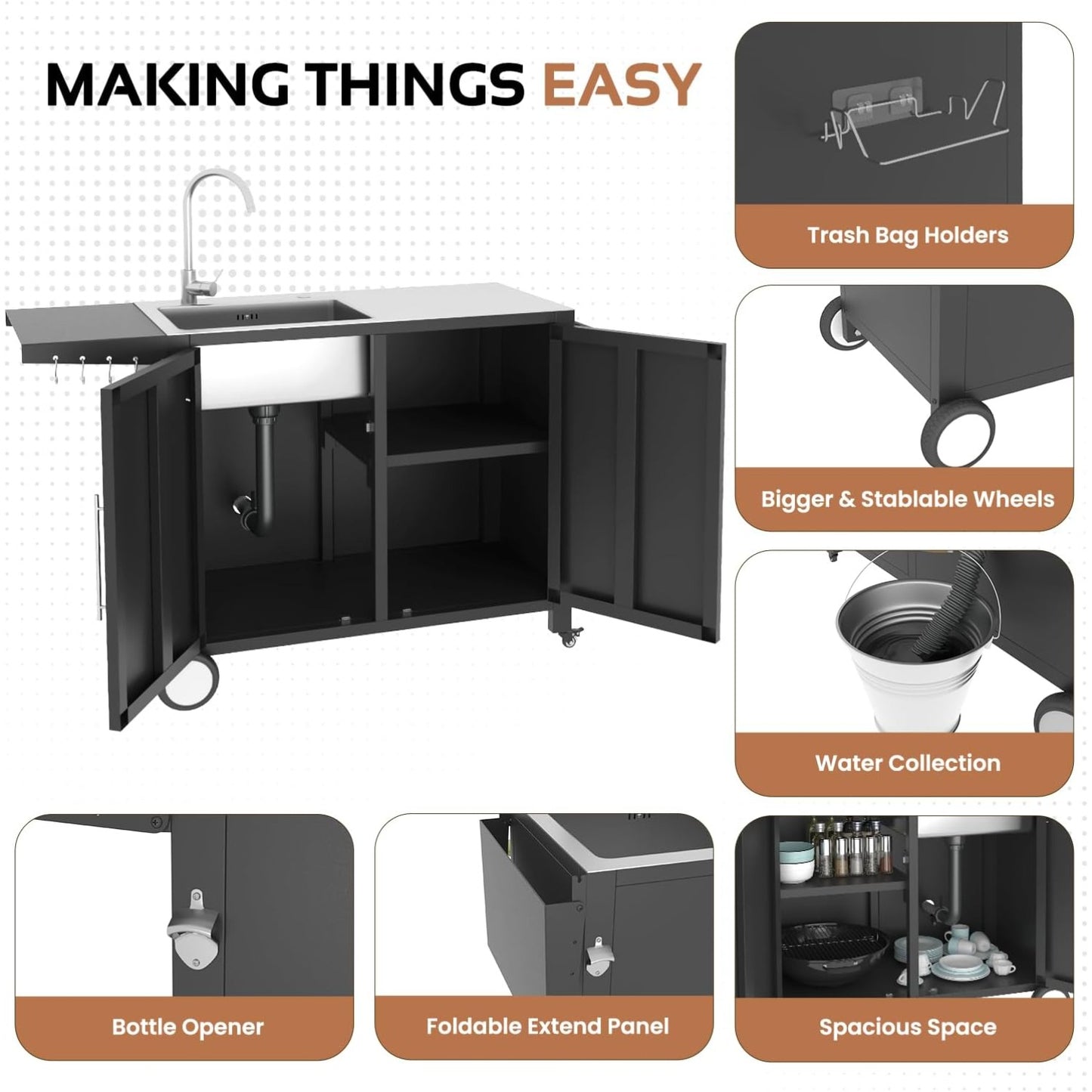 YODOLLA Grill Table with Sink, Stainless Steel Kitchen Island Cabinets Sink Station