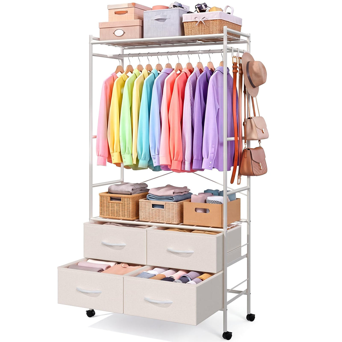 YODOLLA Rolling Clothes Rack with 4 Fabric Drawers, Portable Closet Organizer for Hanging Clothes