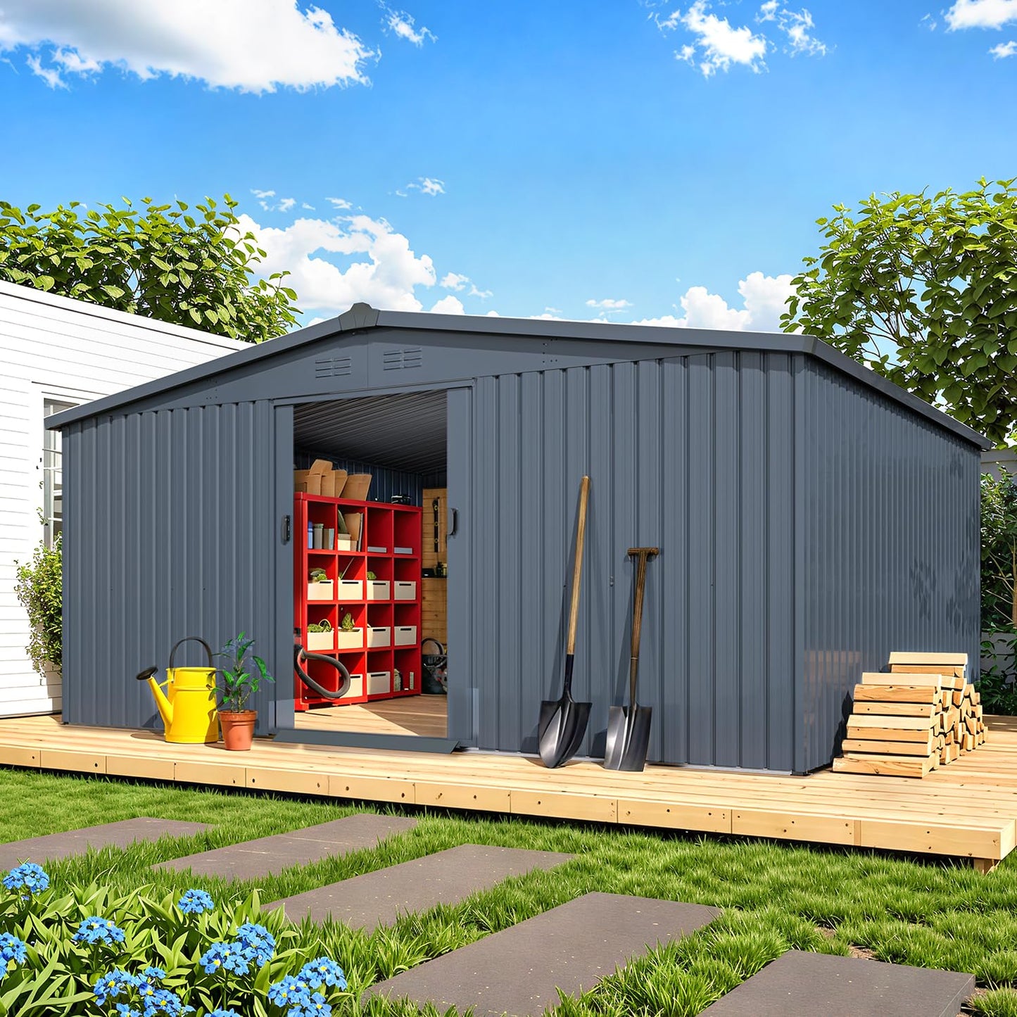 YODOLLA 12' x 14' Outdoor Storage Shed with Sliding Door