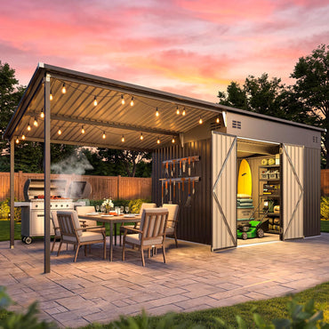 YODOLLA 20x8 FT Metal Outdoor Storage Shed with Pergola Hardtop Combo