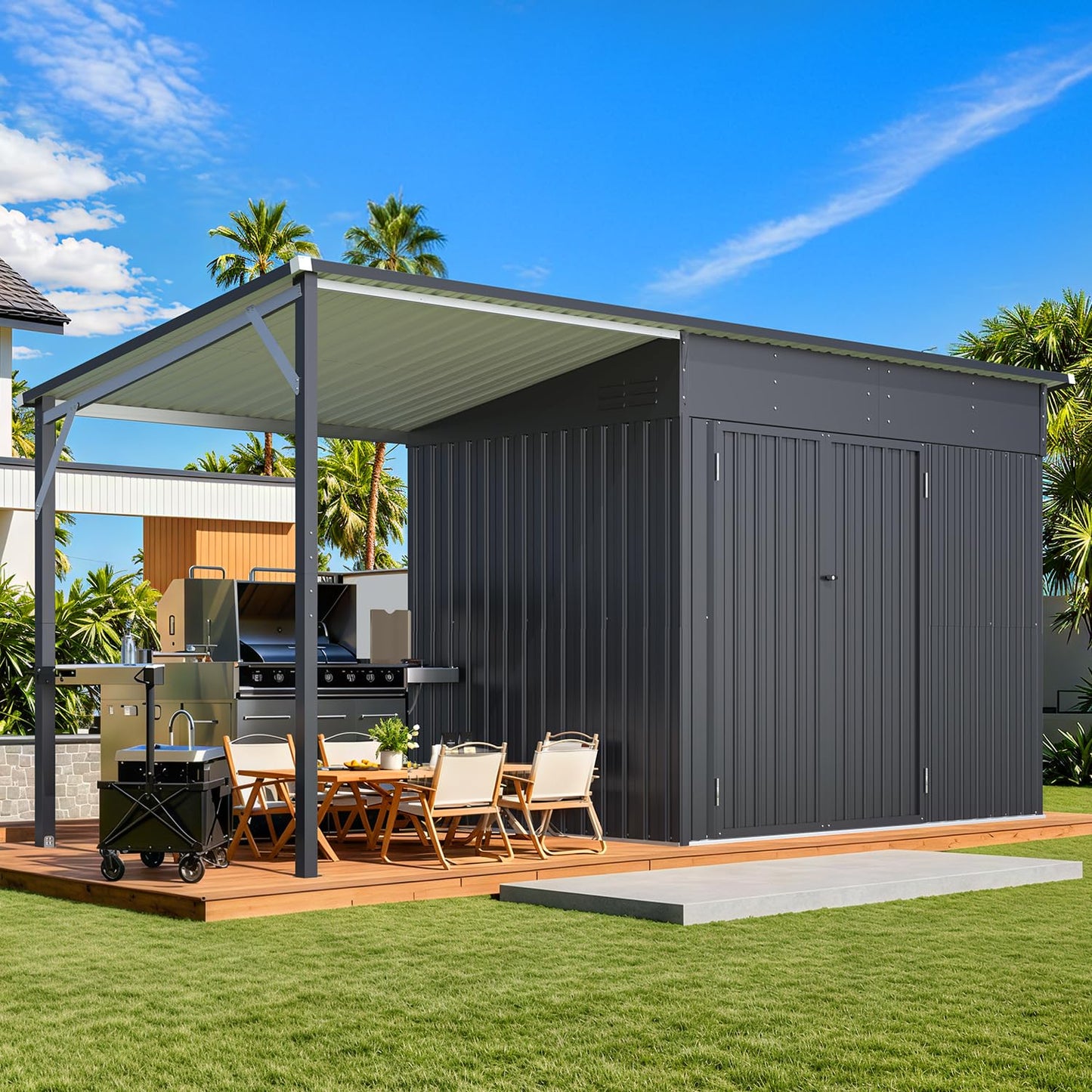 YODOLLA 14' x 5' Outdoor Open-Sided Metal Storage Shed