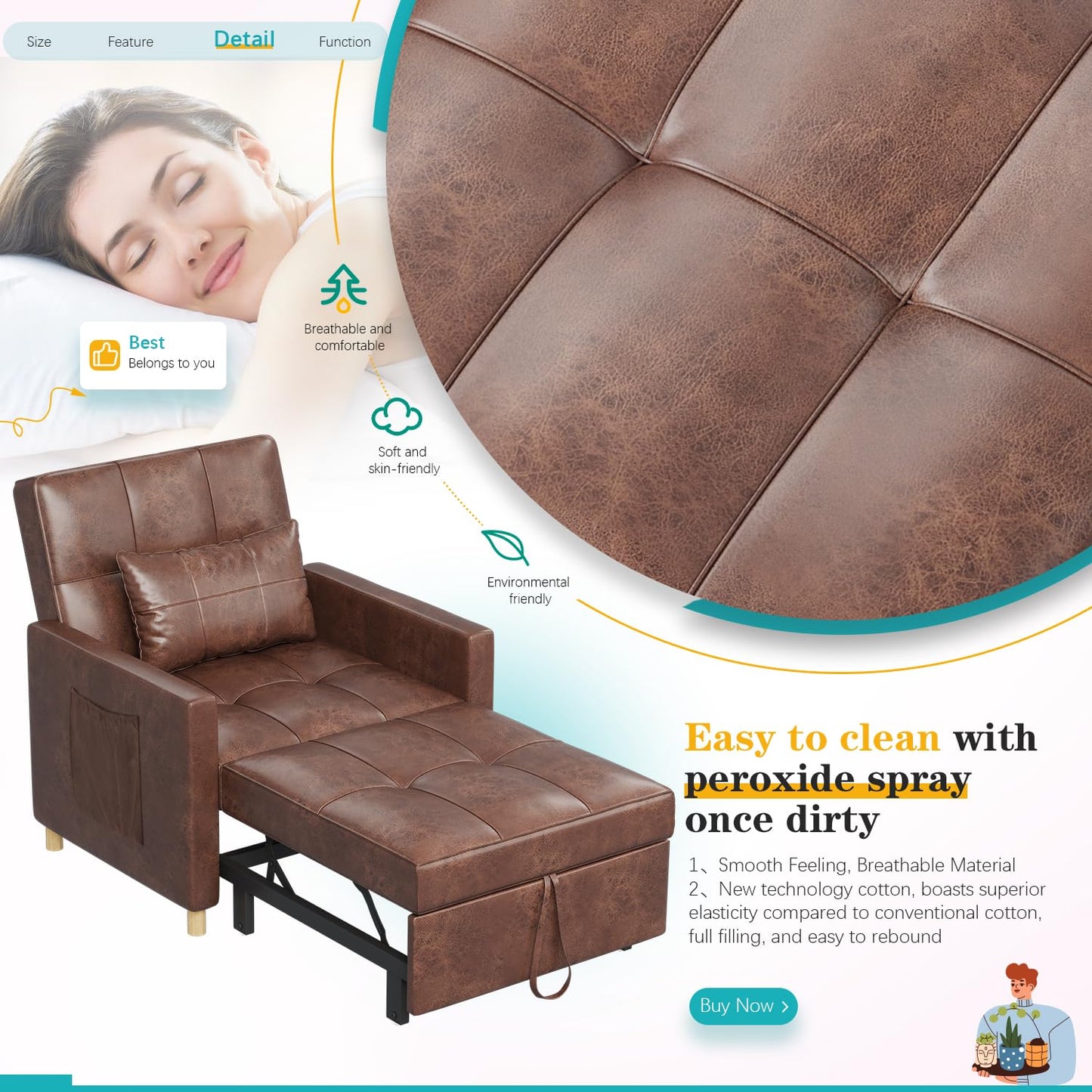YODOLLA 3 in 1 Chair Bed Sleeper for Adults, Brown