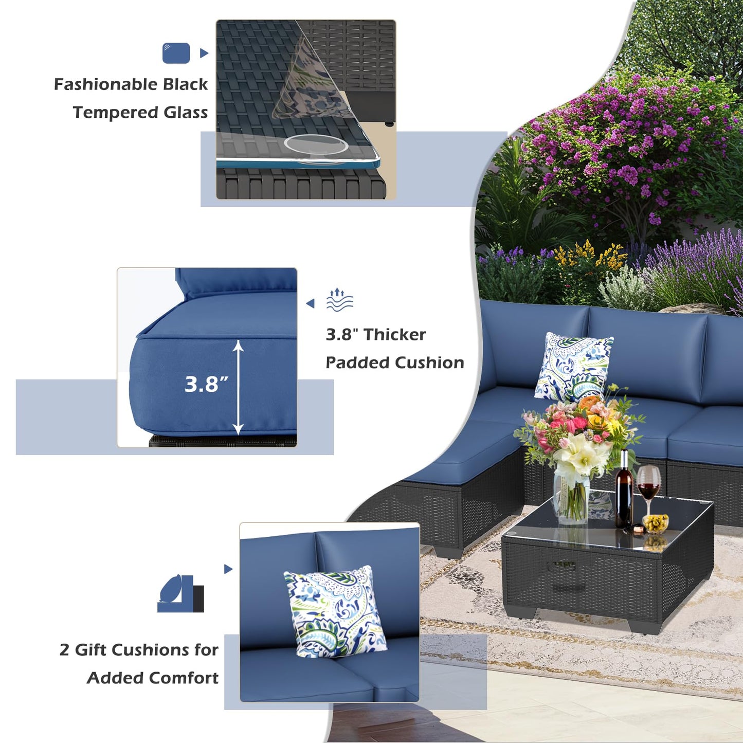 YODOLLA 7 Piece Outdoor Patio Furniture Set with 30 Inch Fire Pit Table, Black Rattan Dark Blue Cushion