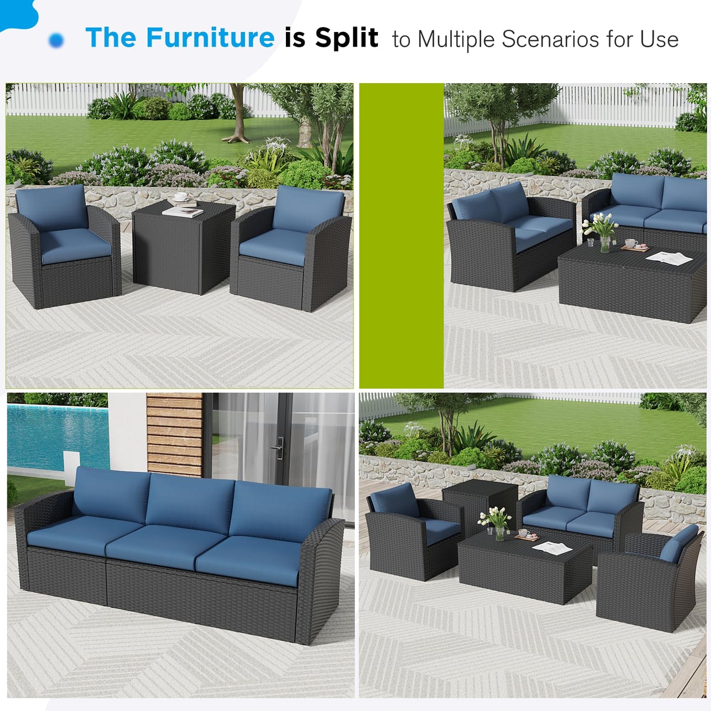 YODOLLA 7 PCS Outdoor Patio Furniture Sets with 2 Storage Boxes, Black & Dark Blue