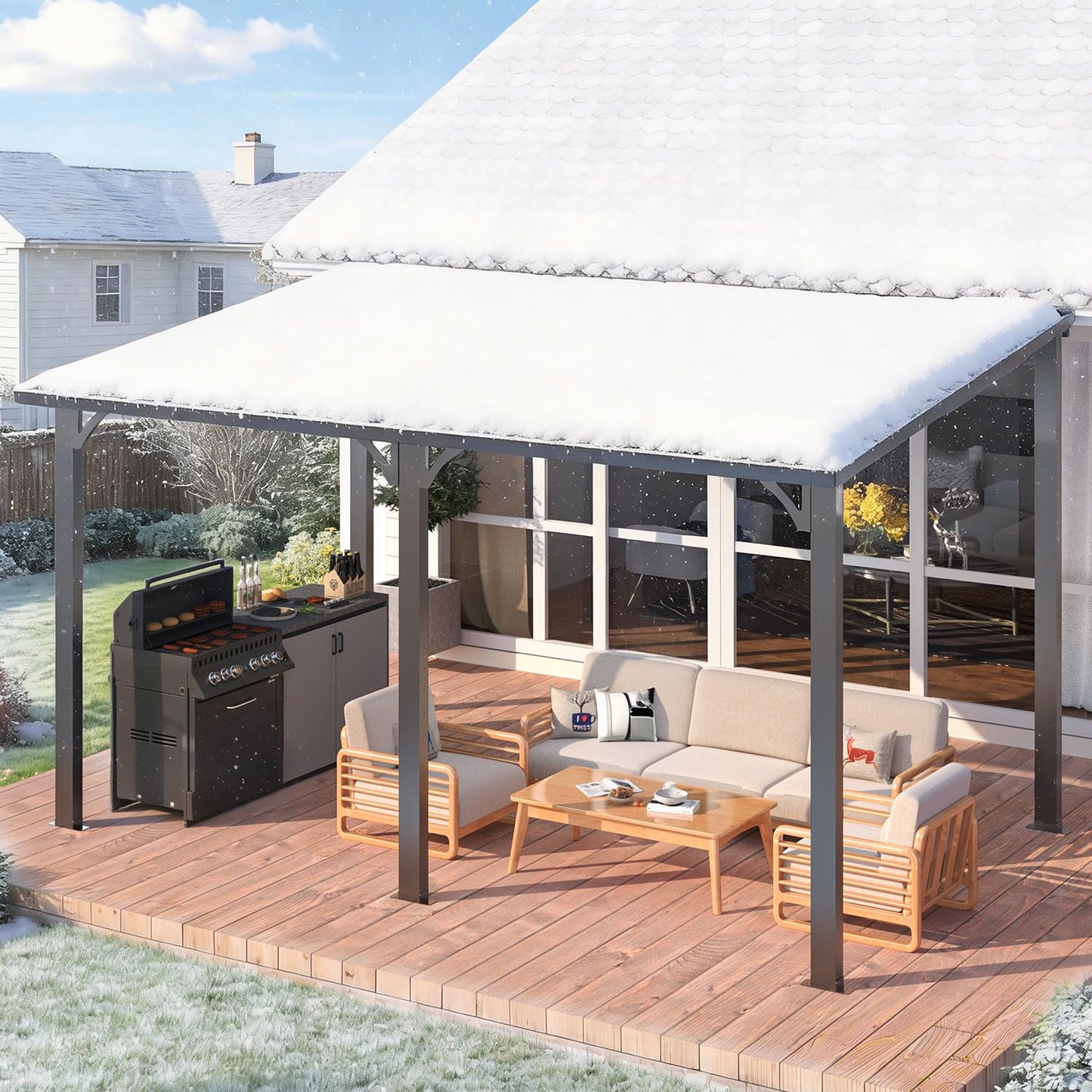 YODOLLA 14' x 8' Outdoor Hardtop Metal Gazebo Lean to Galvanized Steel Wall Mounted Pergolas
