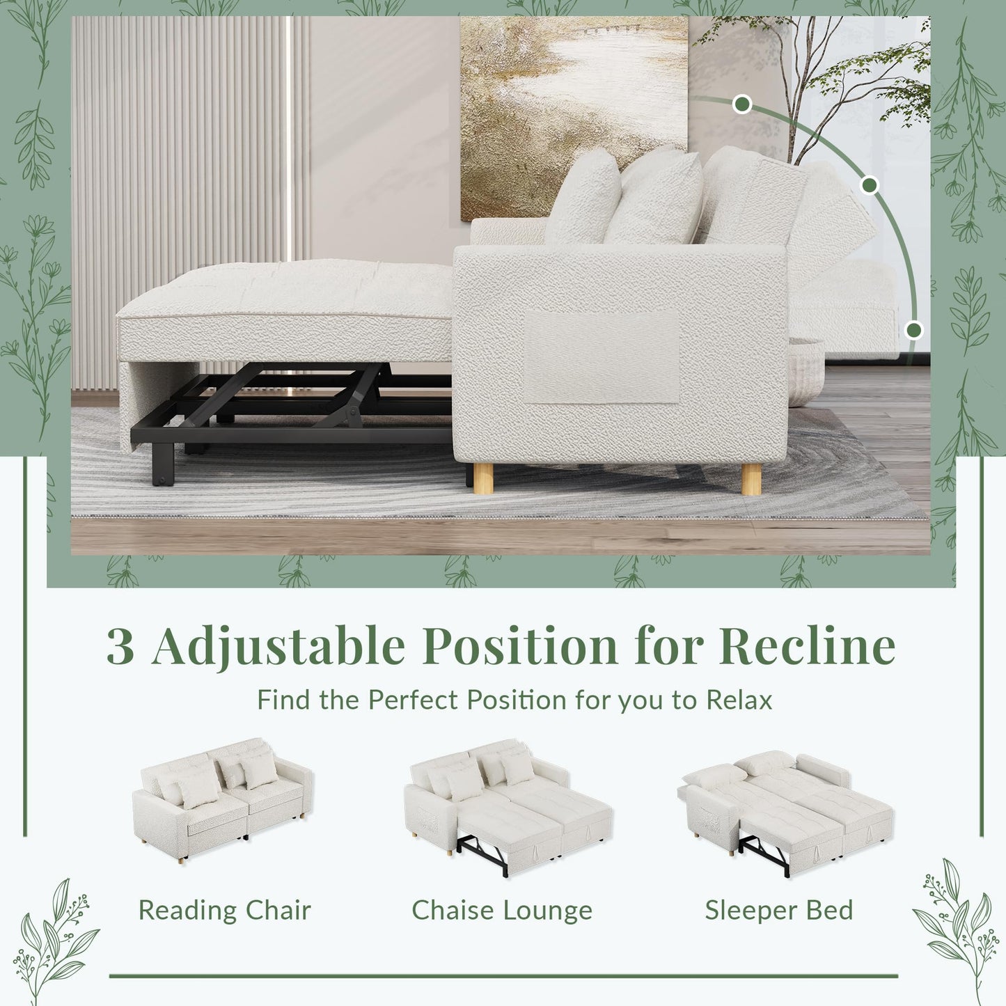 YODOLLA Comfortable 3-1 Convertible Sofa Bed,Teddy White