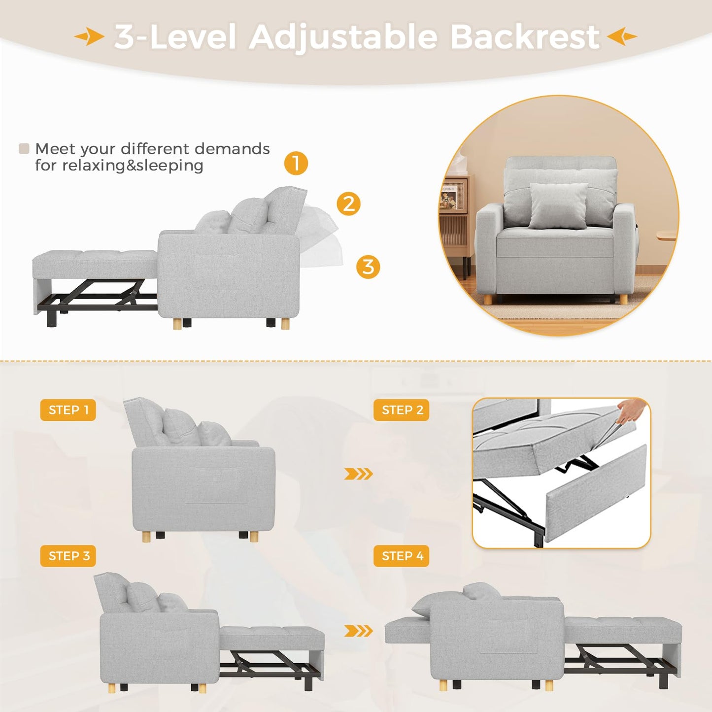YODOLLA 36" Convertible Chair Bed, Gray