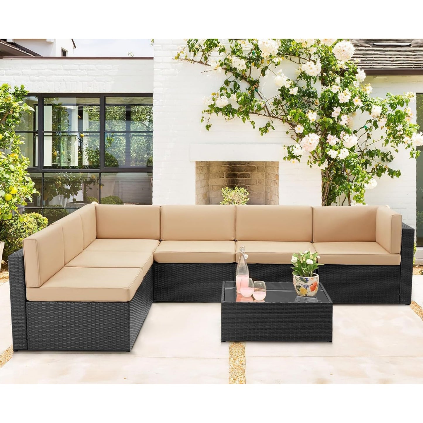 YODOLLA 7 Piece Outdoor Patio Furniture Set with Extra 43 Inch Fire Pit Table, Black Rattan & Beige Cushion