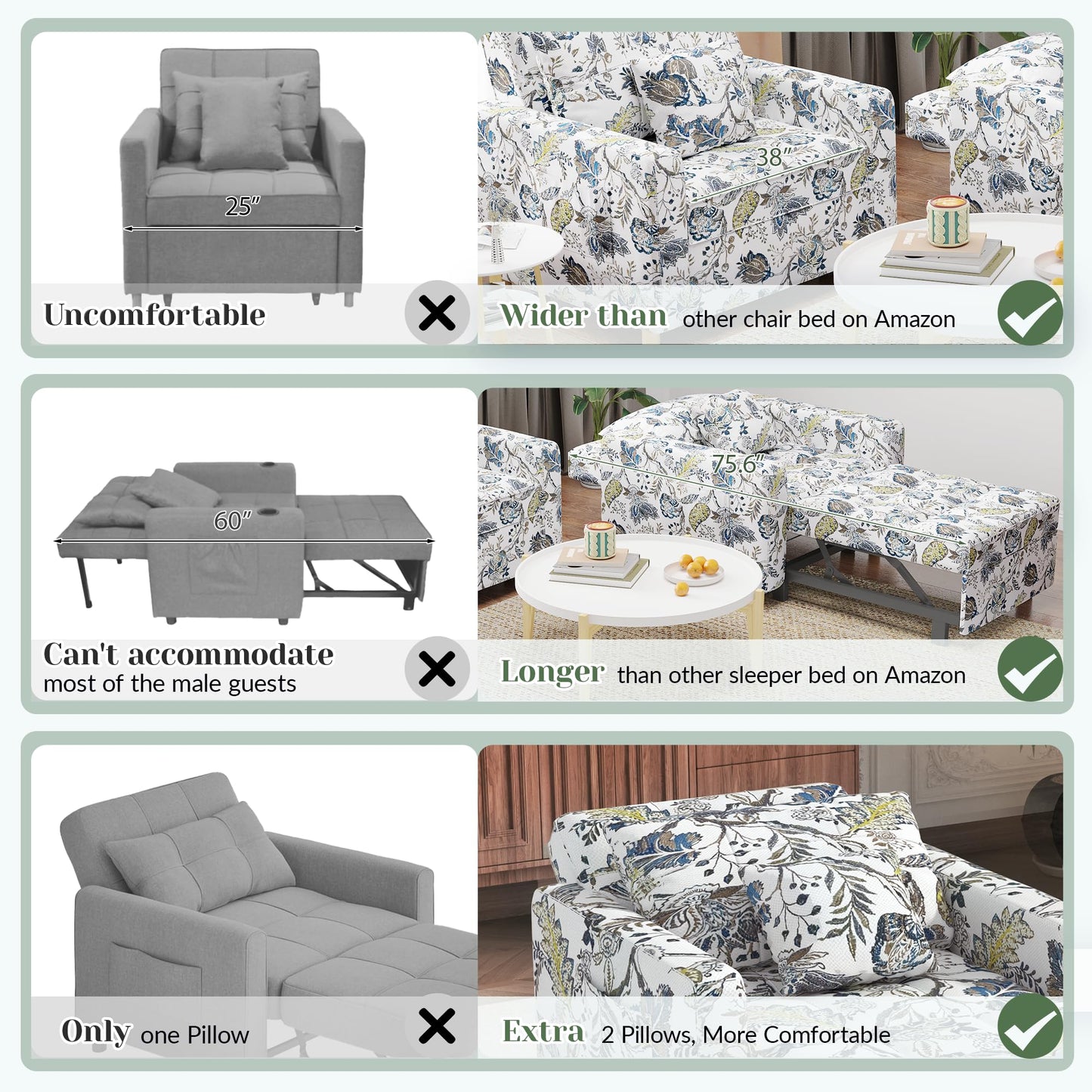 YODOLLA 36" Convertible Chair Bed, Floral