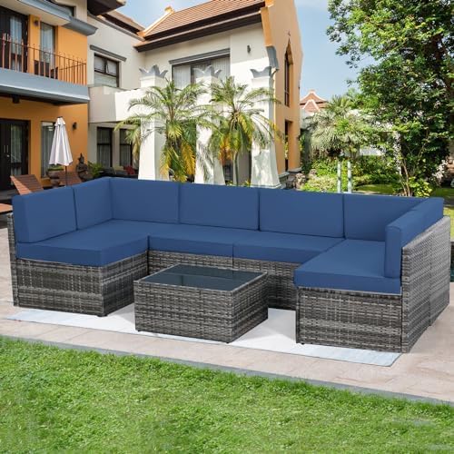 YODOLLA 7 Piece Outdoor Patio Furniture Set with Extra 43'' Fire Pit Table, Gray Rattan & Navy Cushion