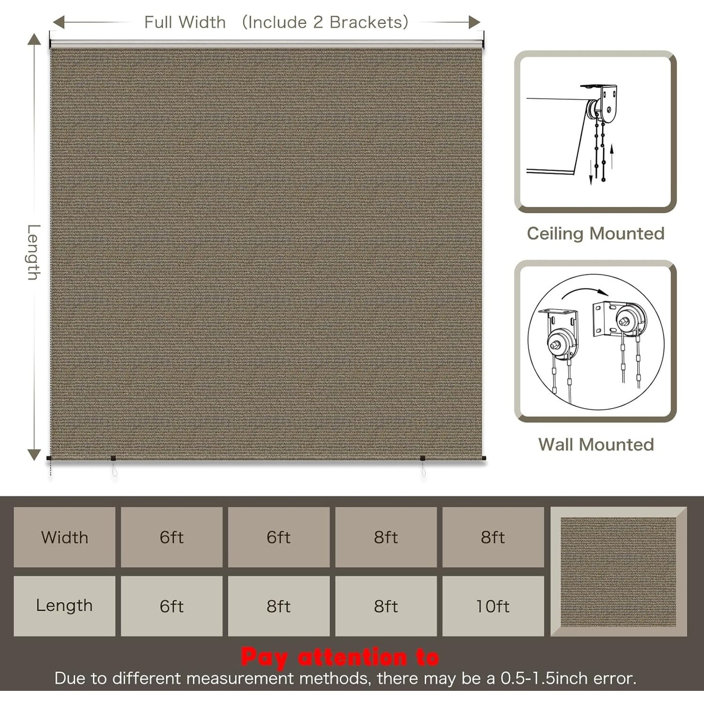 YODOLLA Outdoor UV Protection 6'(W) x 6'(H) Roller Shade, Mocha