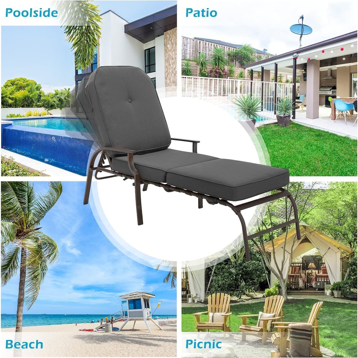 YODOLLA Adjustable Outdoor Chaise Lounge, Grey