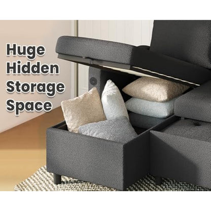 YODOLLA Teddy Velvet L-Shaped Sleeper Sofa, Pullout Bed, USB & Storage, Black