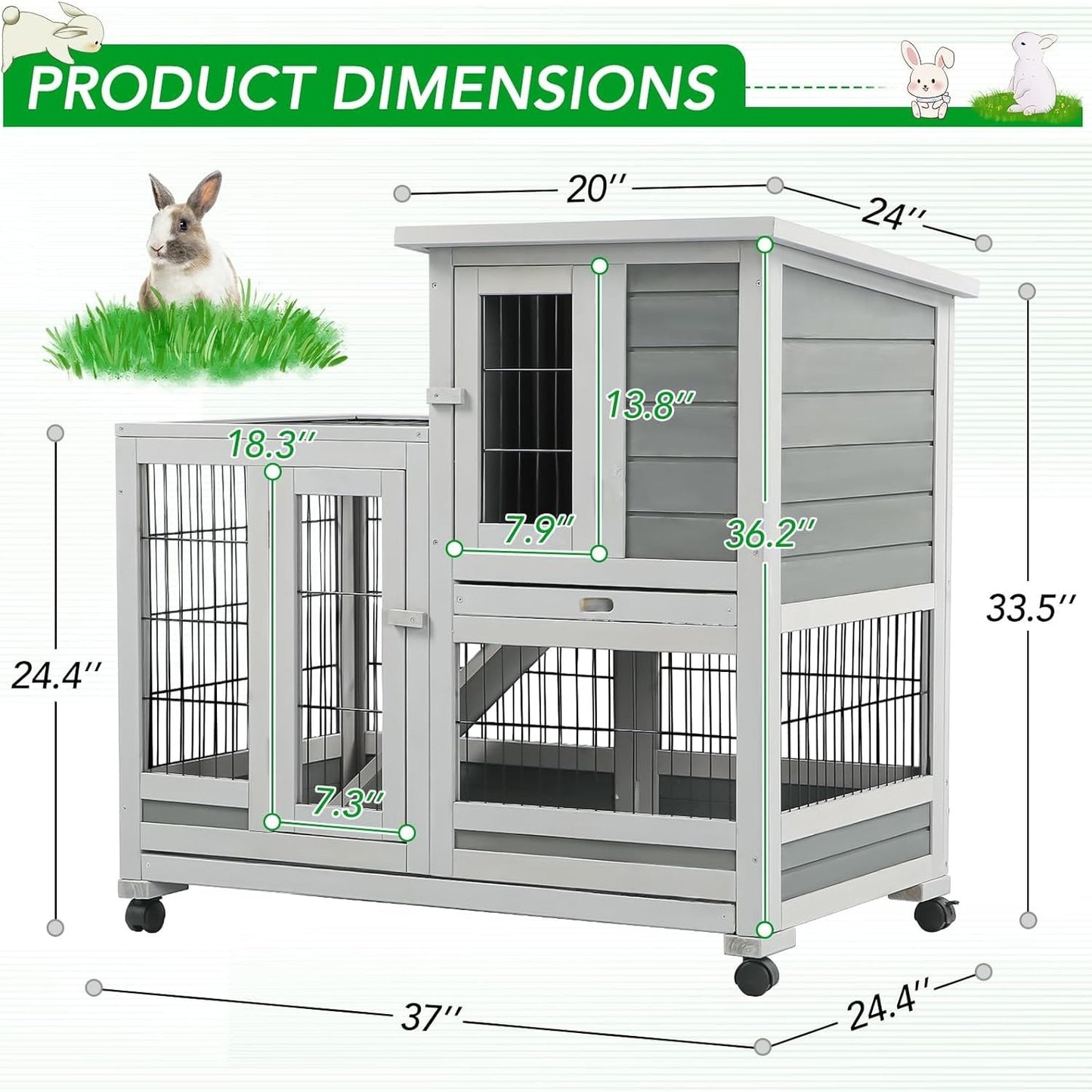 YODOLLA 37" Rabbit Cage with Wheels, Gray