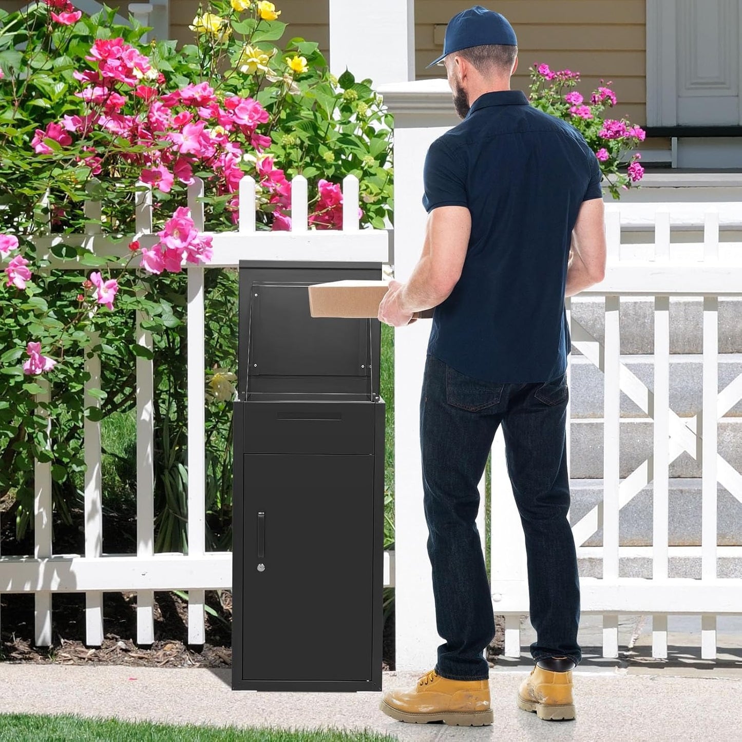 YODOLLA Lockable Anti-Theft Parcel Drop Box with Mailbox for Porch Fence Curbside, Black