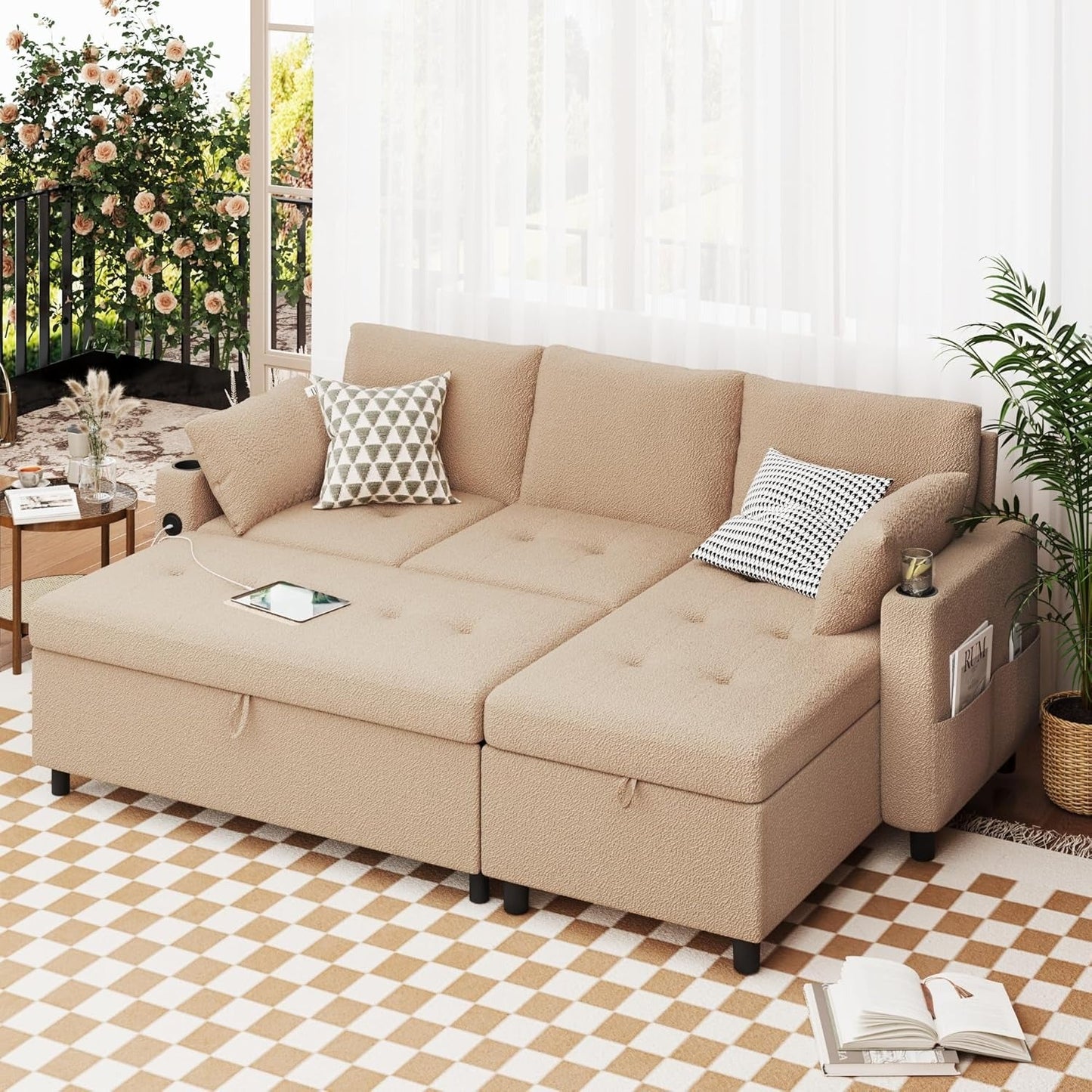 YODOLLA Teddy Velvet L-Shaped Sleeper Sofa, Pullout Bed, USB & Storage, Brown