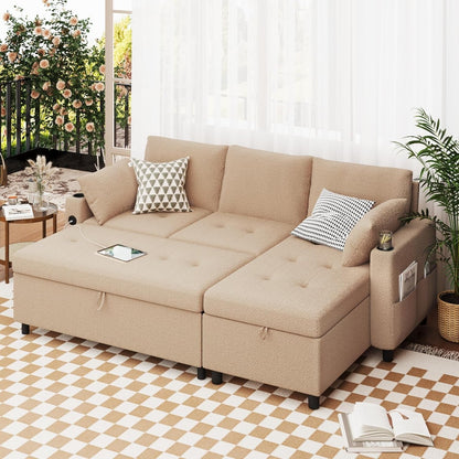 YODOLLA Teddy Velvet L-Shaped Sleeper Sofa, Pullout Bed, USB & Storage, Brown