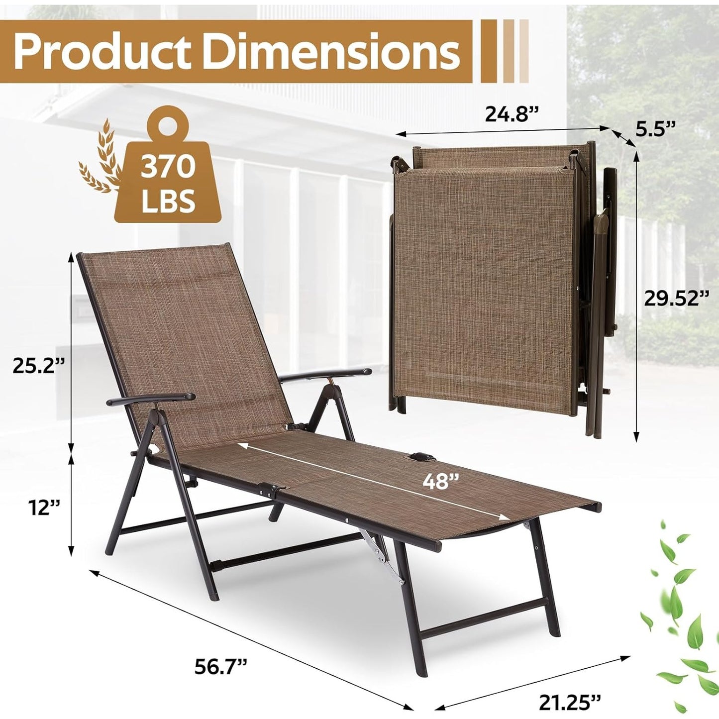 YODOLLA 7 Back & 2 Leg Adjustable Outdoor Chaise Lounge Chair Set of 2, Brown
