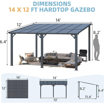 YODOLLA 14' x 12' Outdoor Pergola, Large Wall-Mounted Hard Top Gazebo, Dark Gray