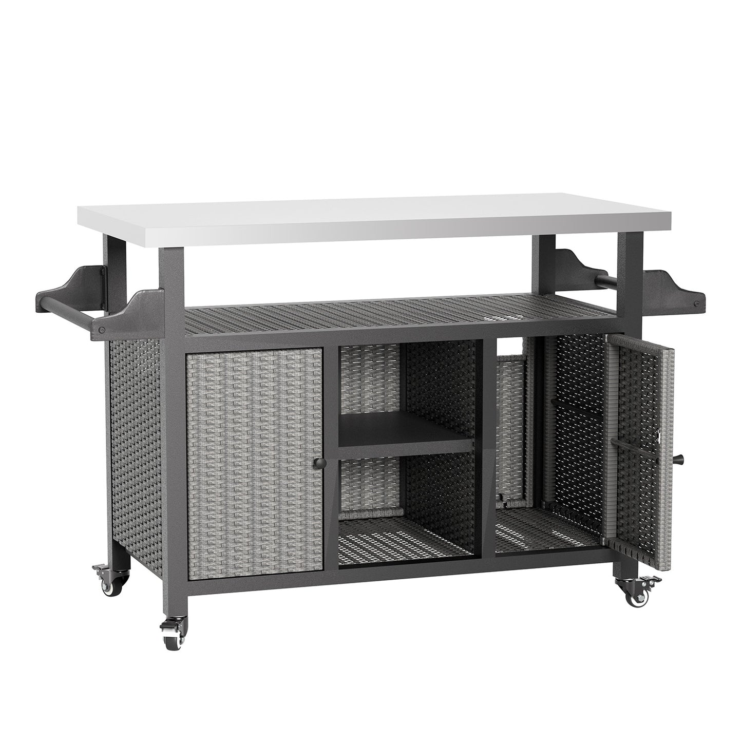 YODOLLA Rattan Outdoor Bar Cart with Wheels and Storage, Gray