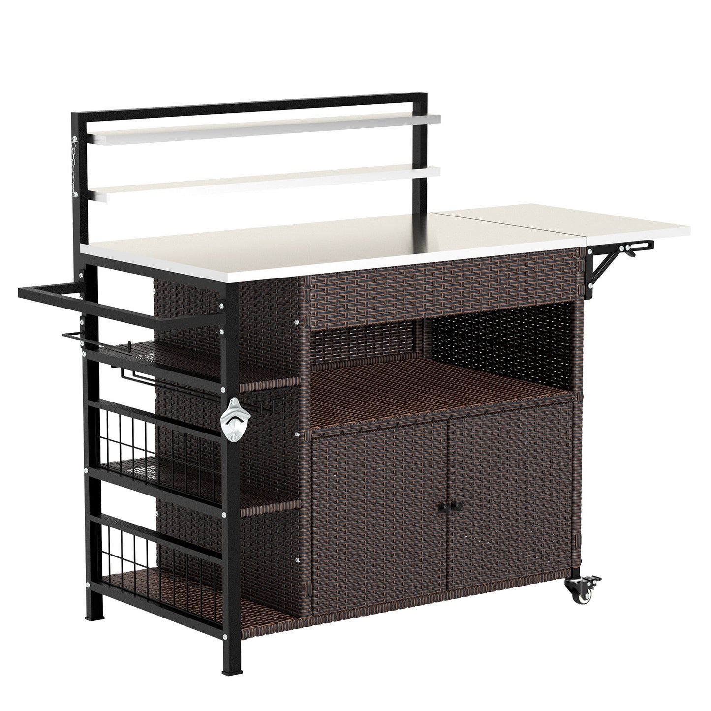 YODOLLA Outdoor Bar Cart with Rattan Storage Cabinet, Brown