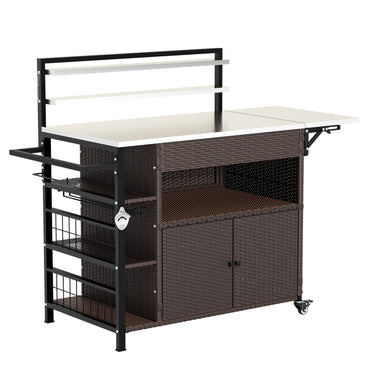 YODOLLA Outdoor Bar Cart with Rattan Storage Cabinet, Brown