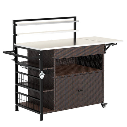YODOLLA Outdoor Bar Cart with Rattan Storage Cabinet, Brown
