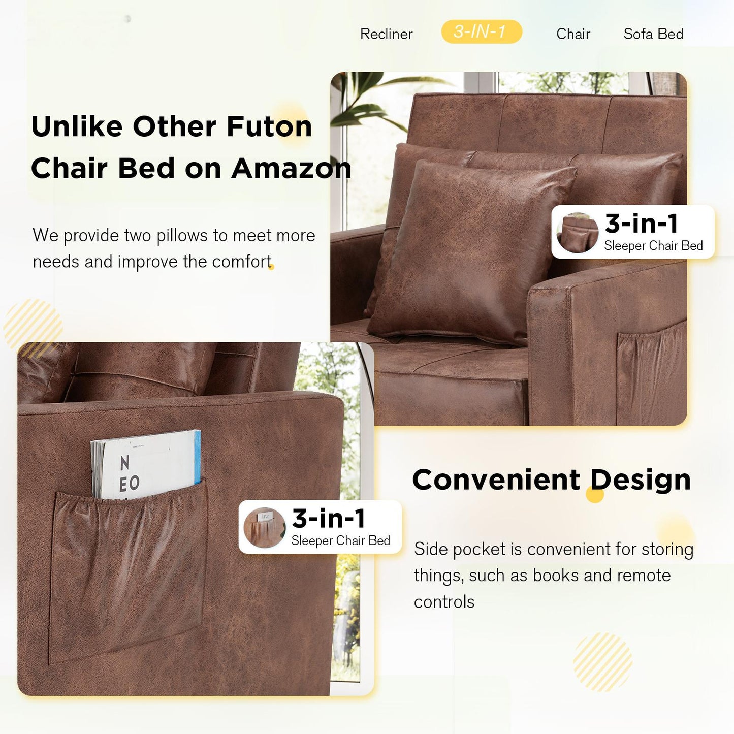 YODOLLA 36" Convertible Chair Bed, Saddle Brown