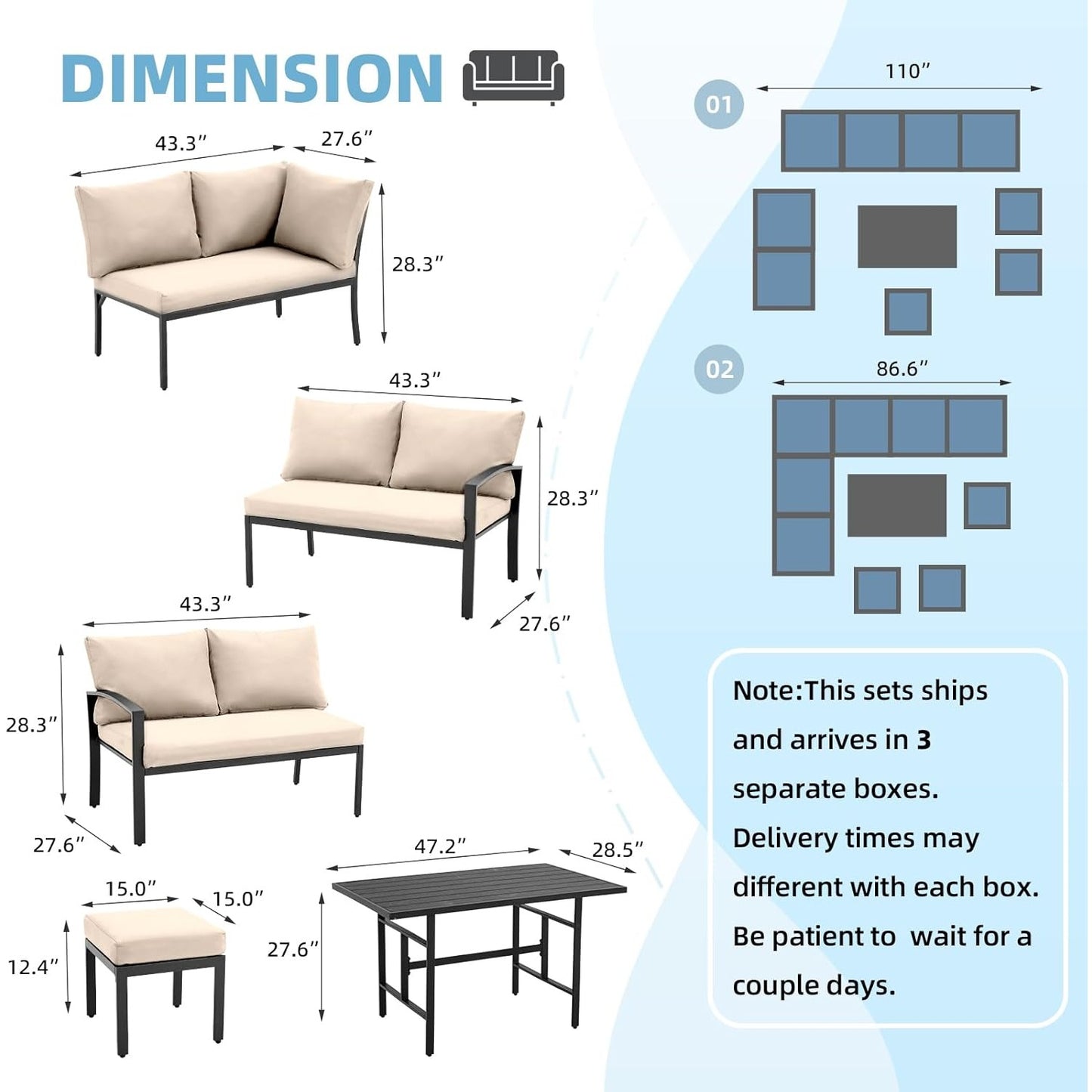 YODOLLA 7 Pieces Metal Patio Furniture Set, Biege