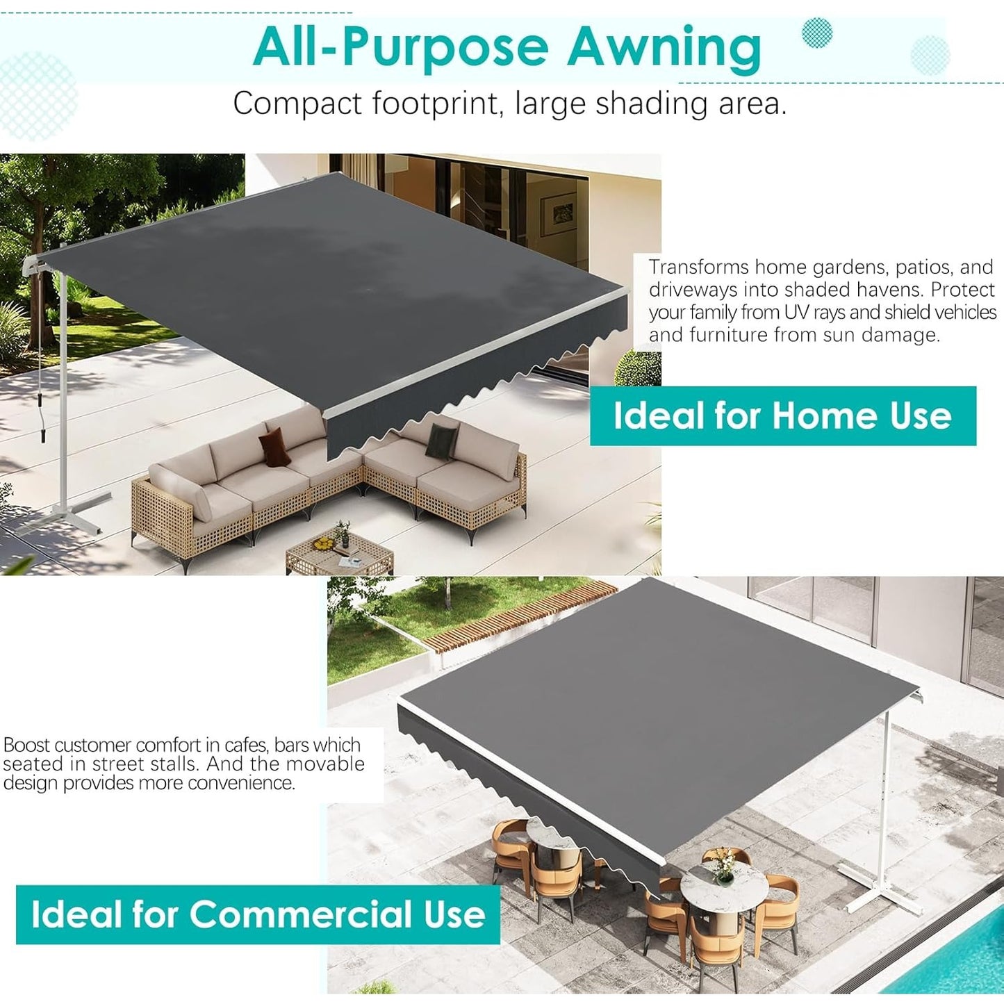 YODOLLA 13'x10' Single Side Free Standing Retractable Awning, Dark Gray