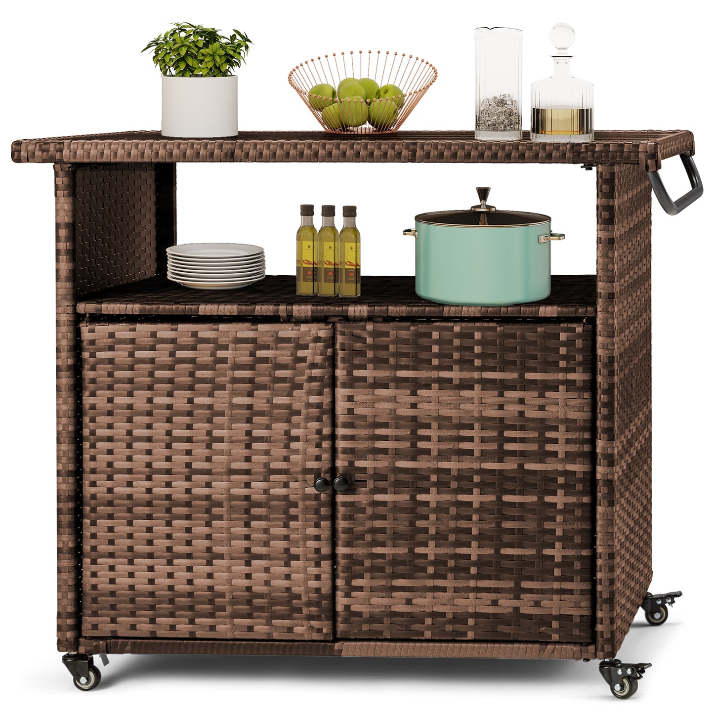 YODOLLA Outdoor Bar Cart, Patio Storage Grill Cart with Handles,Brown