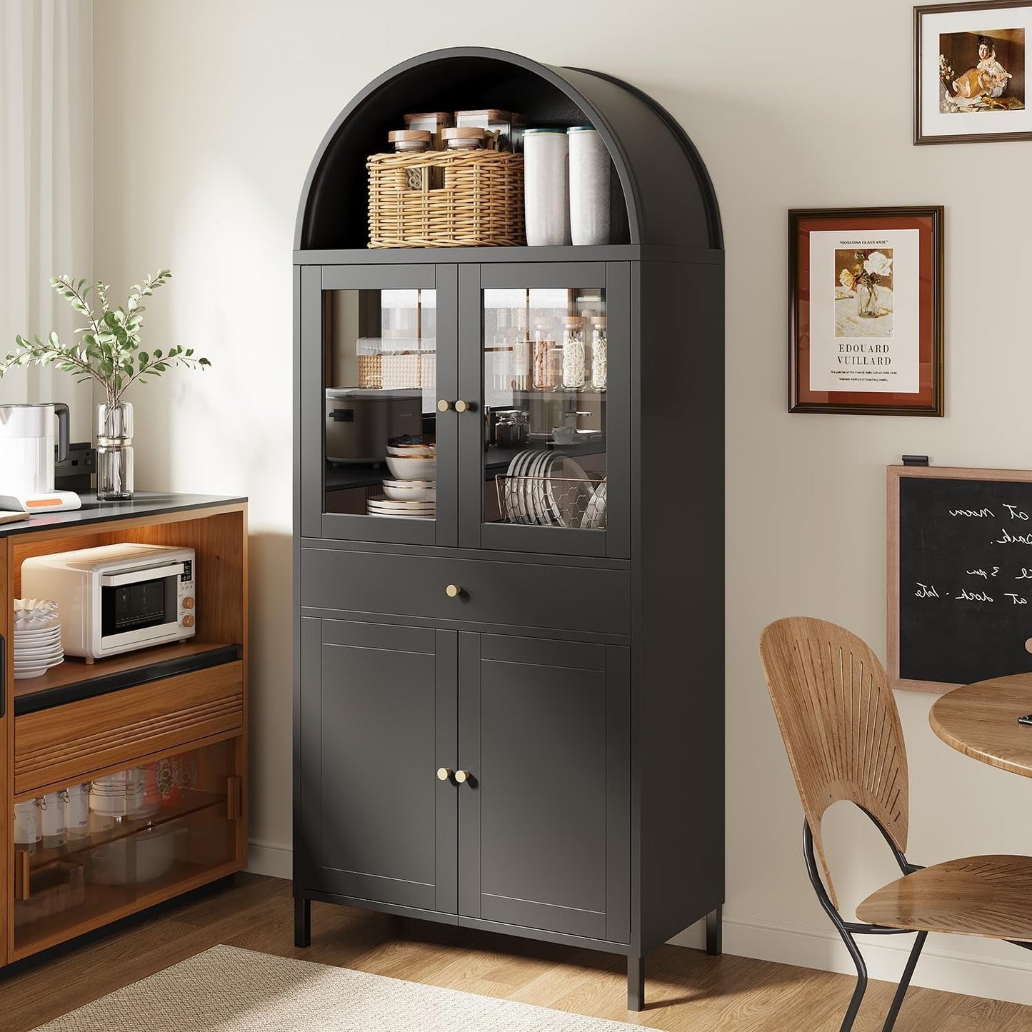 YODOLLA 73'' Kitchen Pantry, Metal Arched Storage Cabinet with Glass Doors/Adjustable Shelfs/Drawer