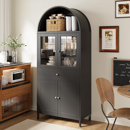 YODOLLA 73'' Kitchen Pantry, Metal Arched Storage Cabinet with Glass Doors/Adjustable Shelfs/Drawer