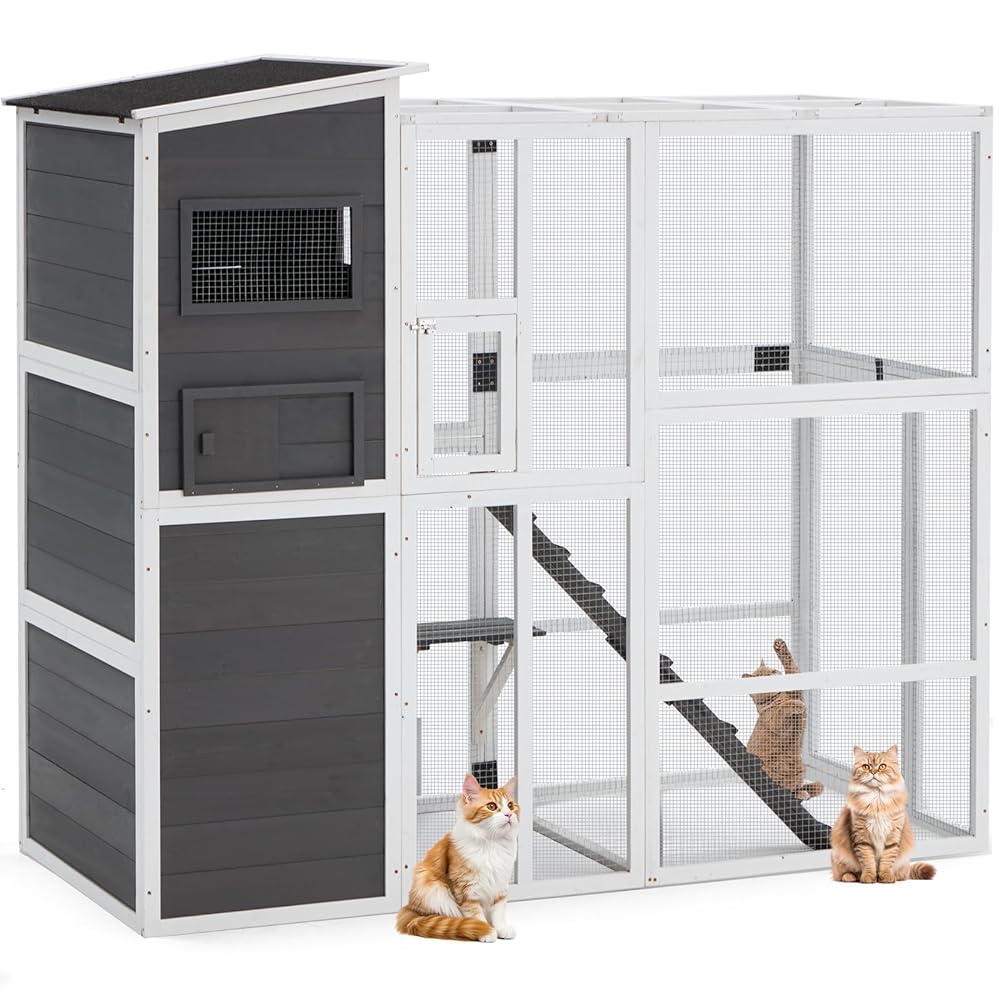 YODOLLA Large Spacious Cat Cage With Weatherproof Roof, Grey