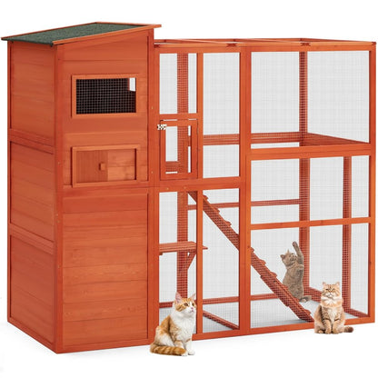 YODOLLA Large Spacious Cat Cage with Weatherproof Roof, Natural Wood