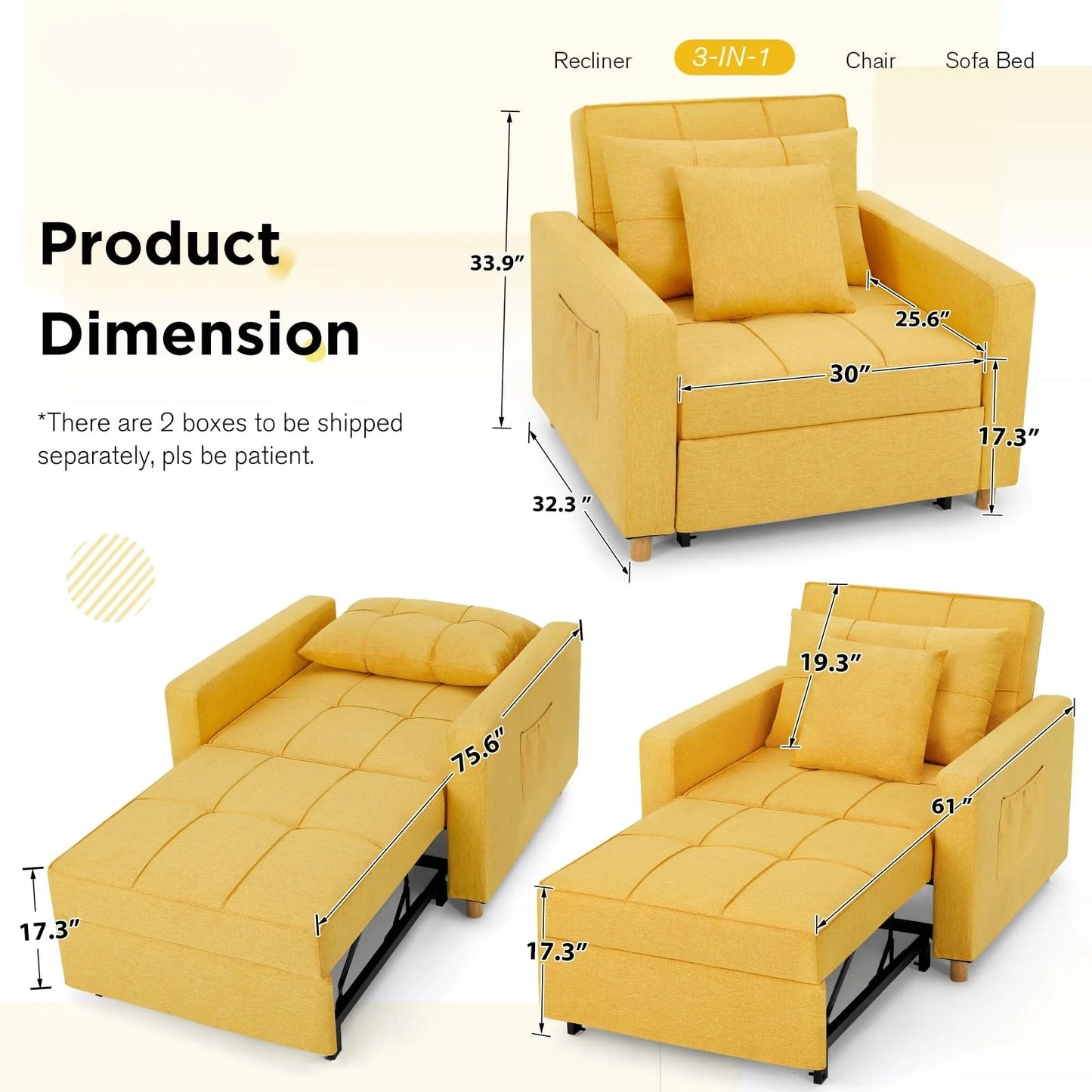 YODOLLA 36" Convertible Chair Bed, Yellow