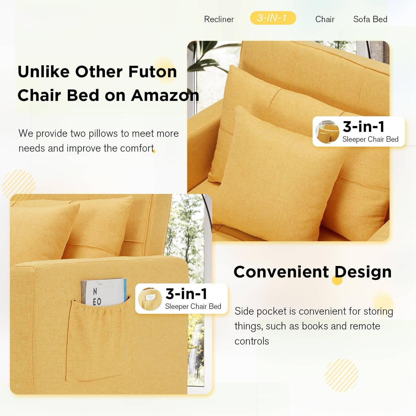 YODOLLA 36" Convertible Chair Bed, Yellow