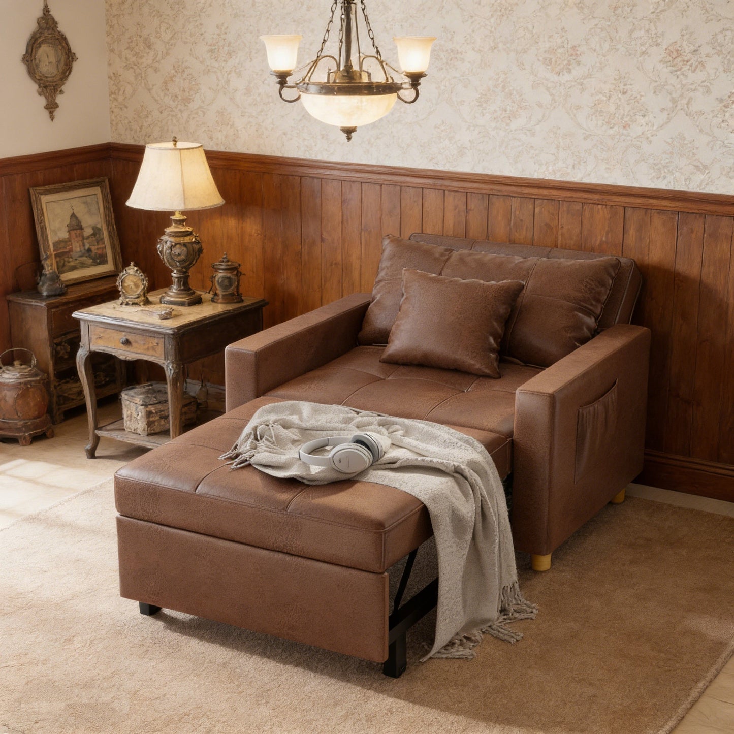 YODOLLA 36" Convertible Chair Bed, Saddle Brown