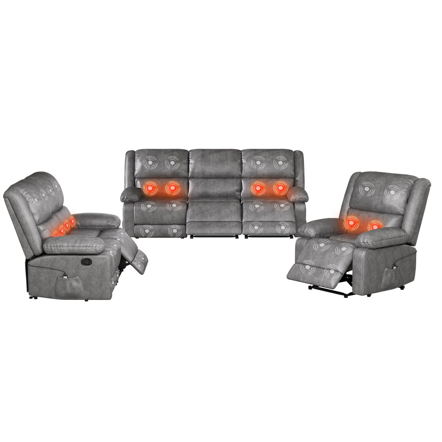 YODOLLA 3 PCS Recliner Sofa Set Overstuffed Leather Reclining Sofa, Gray