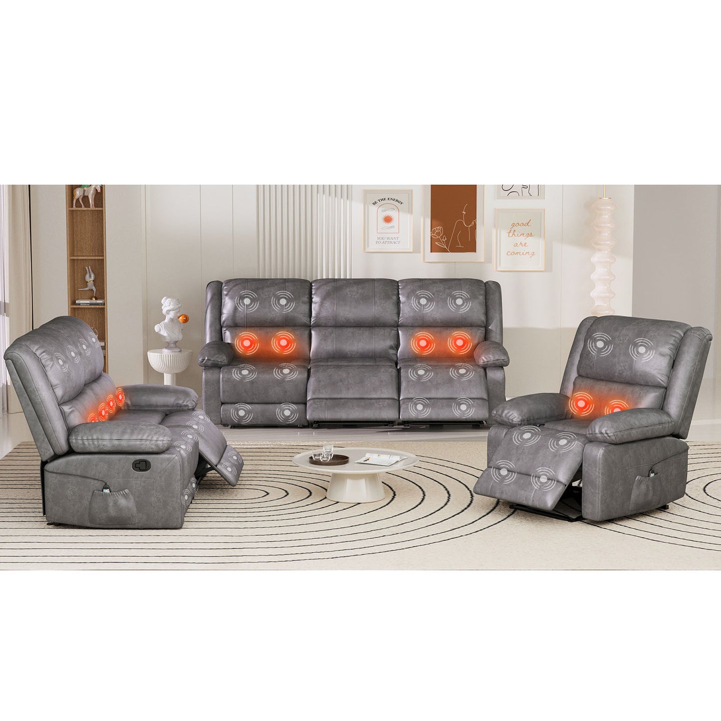 YODOLLA 3 PCS Recliner Sofa Set Overstuffed Leather Reclining Sofa, Gray