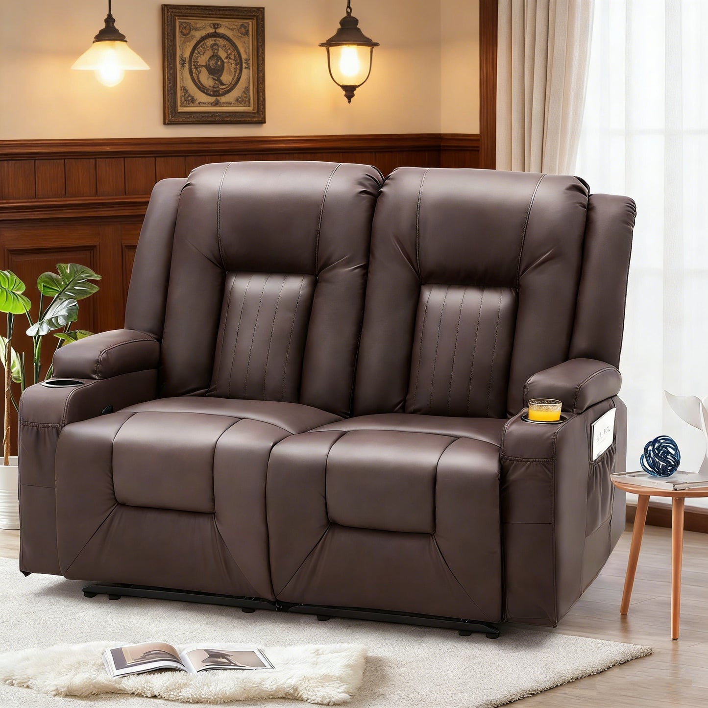 YODOLLA 2-Seat Recliner Sofa, Faux Leather, Cup Holders, Brown