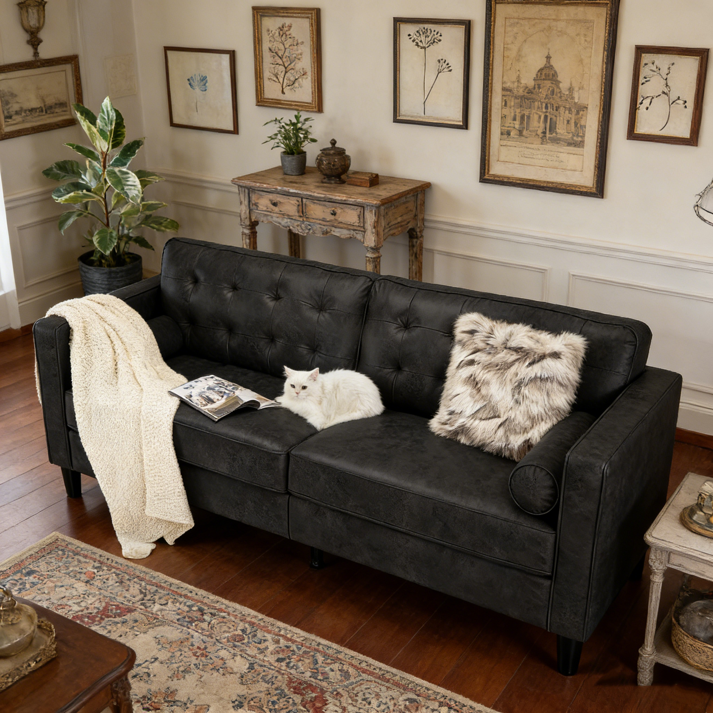 YODOLLA 84.2" 3-Seats Large Sofa Couch Couch, Faux Leather Black
