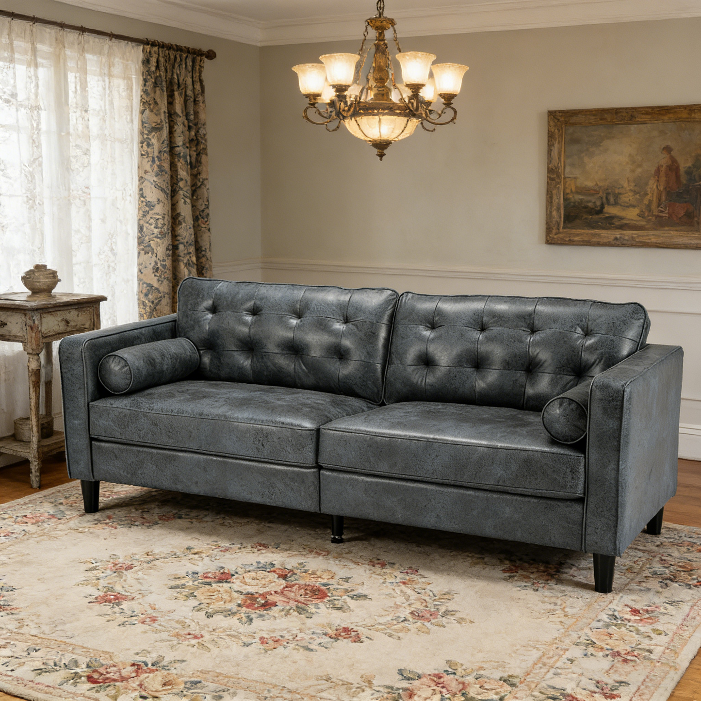 YODOLLA 84.2" 3-Seats Large Sofa Couch Couch, Faux Leather Blue