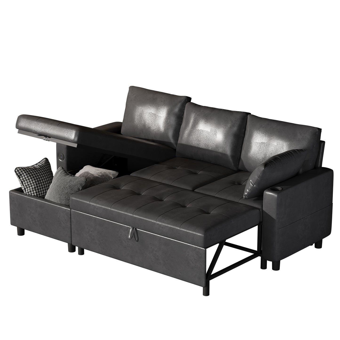 YODOLLA Faux Leather L-Shaped Sleeper Sofa, Pullout Bed, USB & Storage, Black