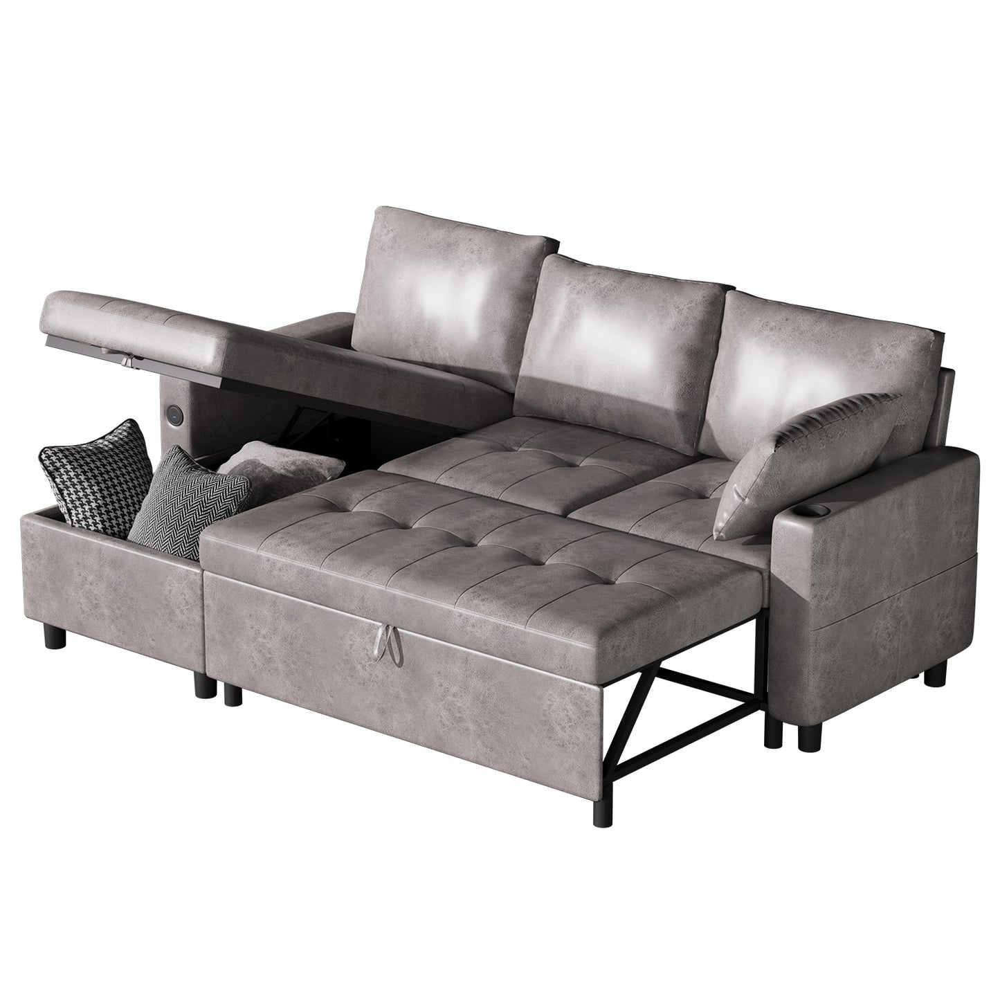 YODOLLA Faux Leather L-Shaped Sleeper Sofa, Pullout Bed, USB & Storage, Gray