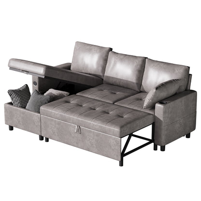 YODOLLA Faux Leather L-Shaped Sleeper Sofa, Pullout Bed, USB & Storage, Gray