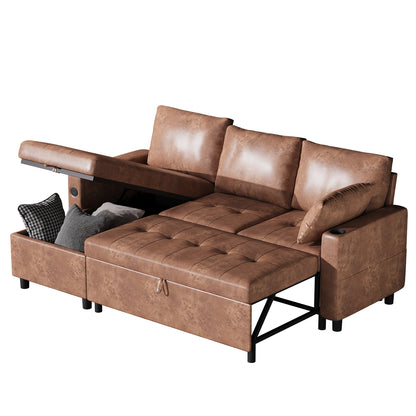 YODOLLA Faux Leather L-Shaped Sleeper Sofa, Pullout Bed, USB & Storage, Brown